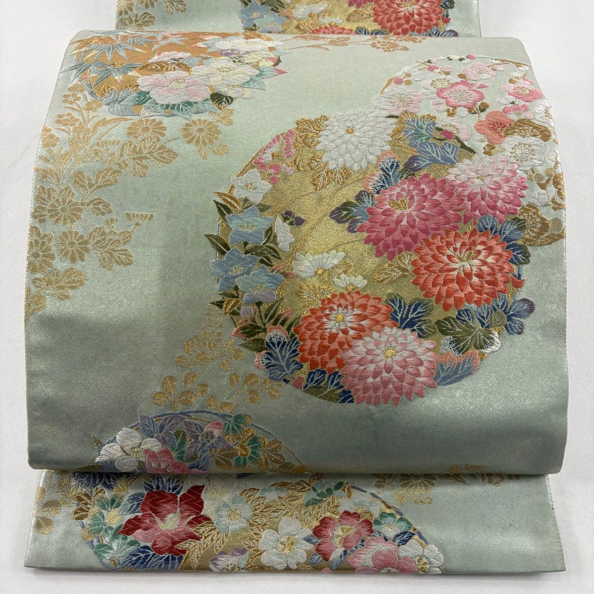 美品 袋帯 名品 百貫華峰監修 菊 梅 金銀糸 箔 薄緑 六通 正絹