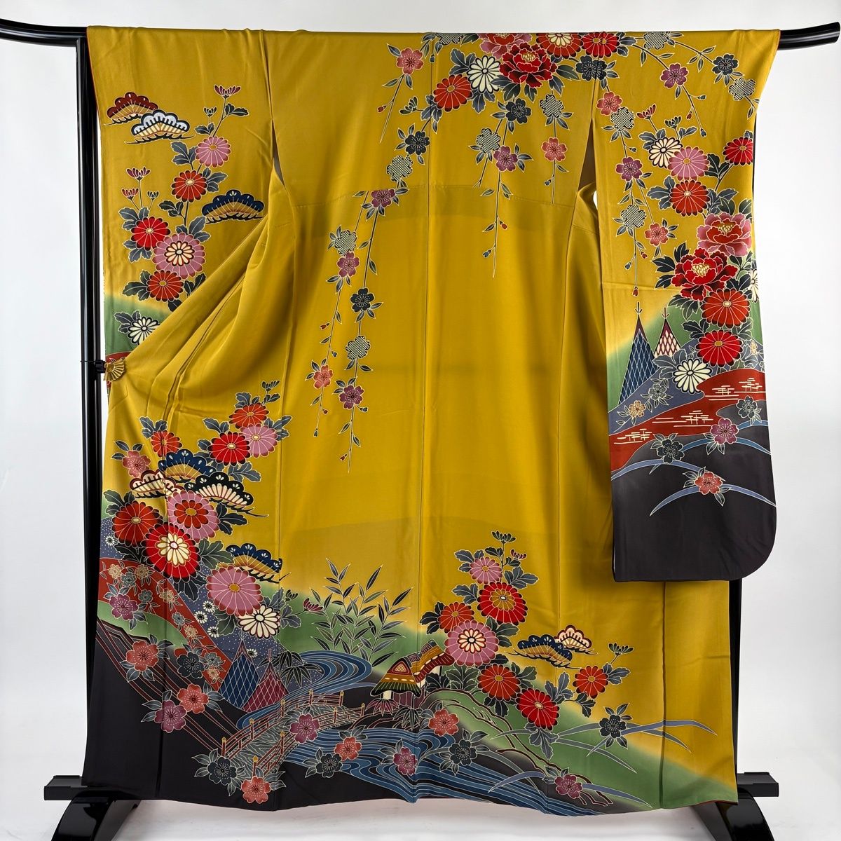 振袖 身丈161.5cm 裄丈68cm L 袷 落款 菊 笠松 染め分け ぼかし 黄土色