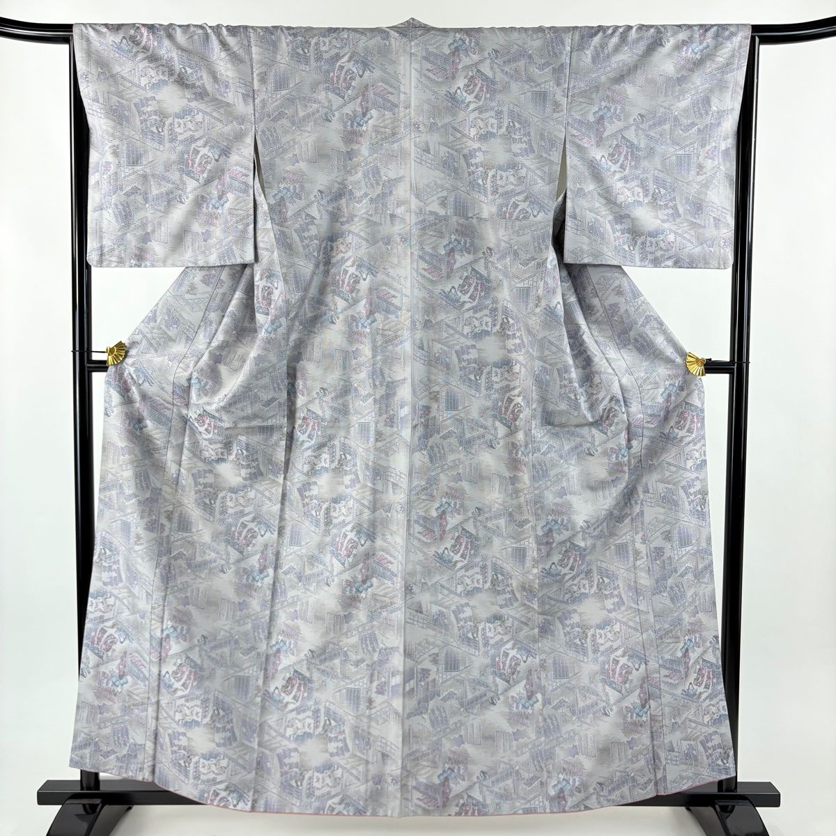 美品】 大島紬 身丈159.5cm 裄丈66cm M 袷 証紙 御所文化 人物 灰紫 