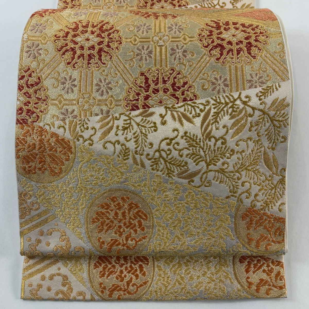 袋帯 逸品 川島織物 落款 草花 華文 金糸 箔 金色 六通 正絹 【中古