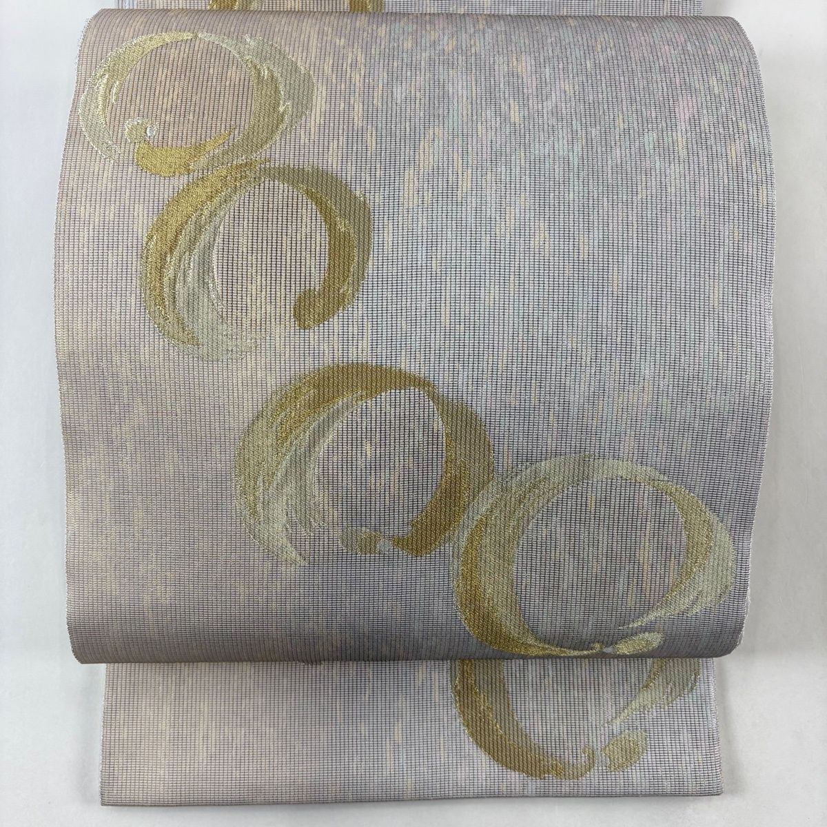 美品】 袋帯 名品 夏帯 縦絽 輪 金銀糸 箔 灰色 六通 正絹 【中古