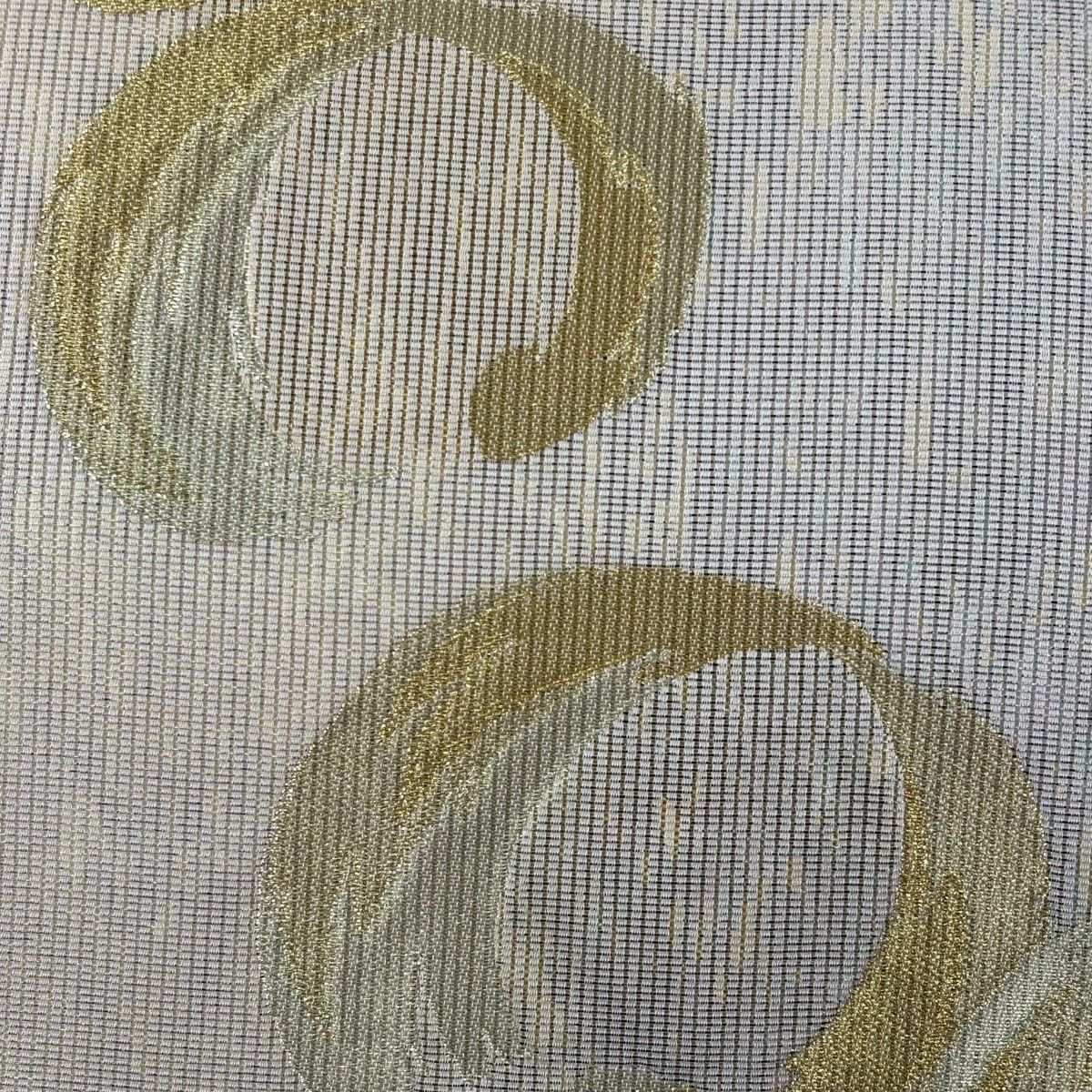 美品】 袋帯 名品 夏帯 縦絽 輪 金銀糸 箔 灰色 六通 正絹 【中古