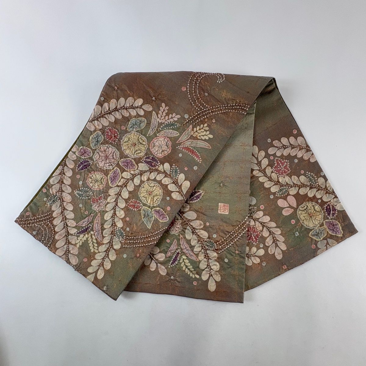 美品】 袋帯 名品 落款 辻が花 金通し 灰緑 お太鼓柄 正絹 【中古