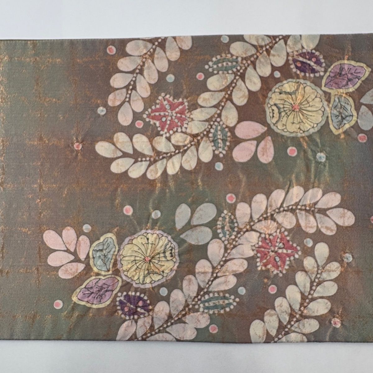 美品】 袋帯 名品 落款 辻が花 金通し 灰緑 お太鼓柄 正絹 【中古