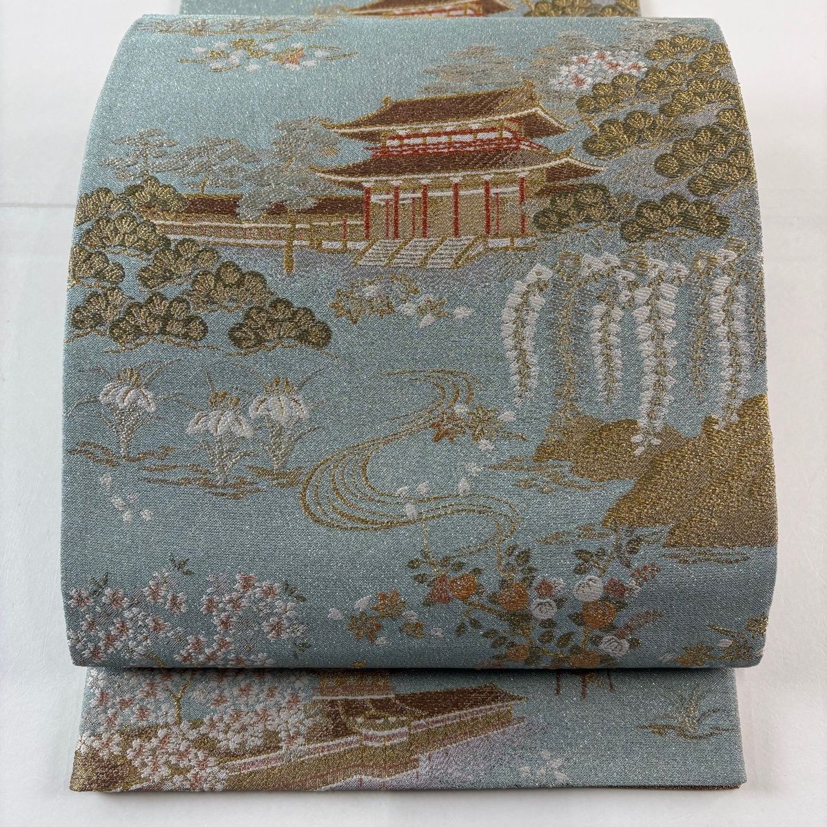 美品】 袋帯 名品 建物 松 金糸 箔 水色 六通 正絹 【中古】 - メルカリ