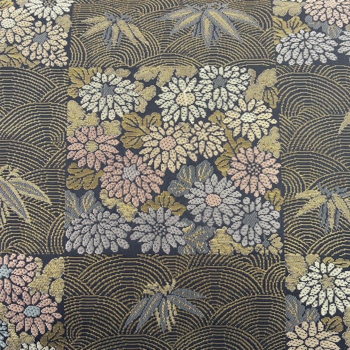 美品】 袋帯 名品 箔屋清兵衛 落款 草木染 市松小花文 箔 唐織 茶緑色