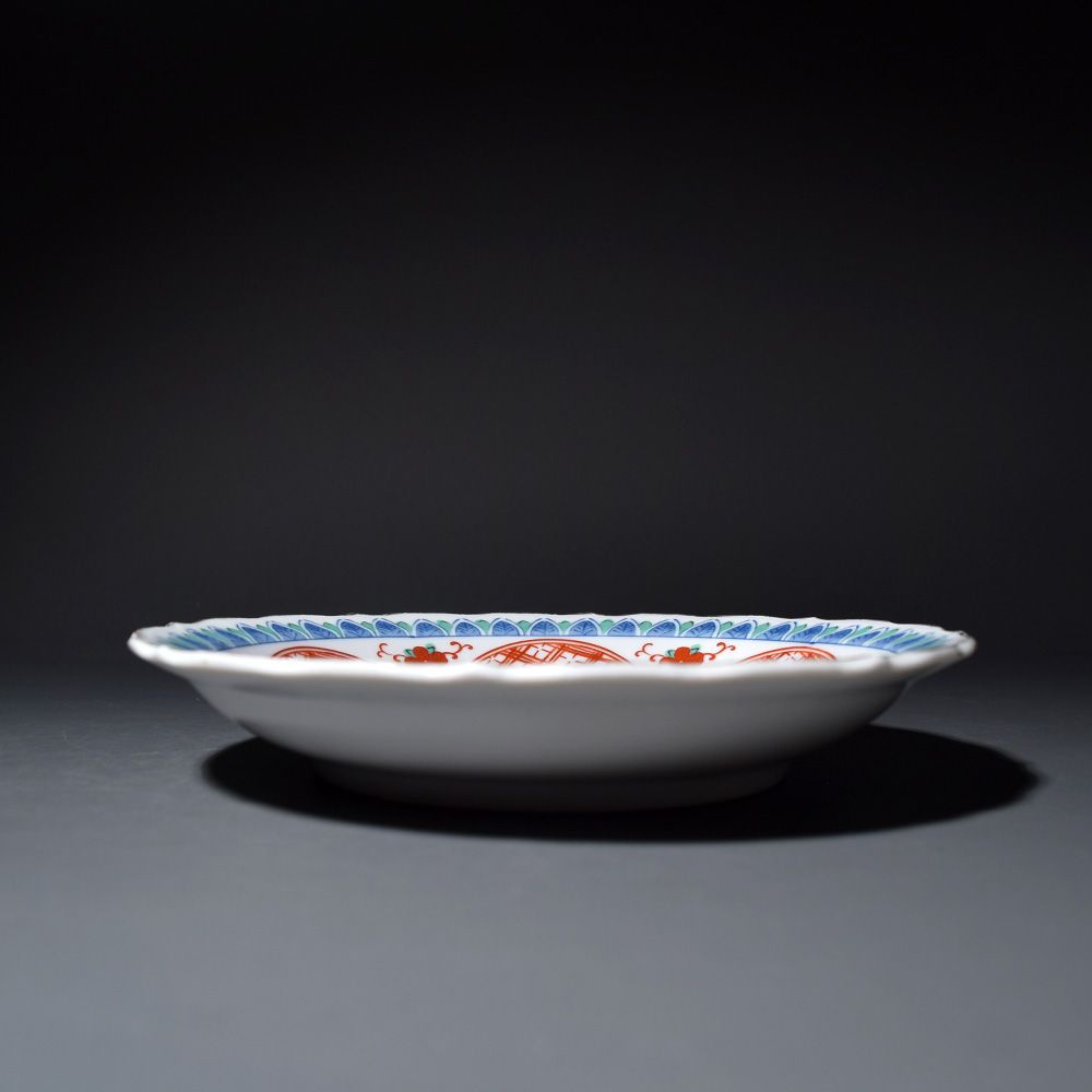 大明成化年製 色絵染付皿 金襴朱彩 輪花 5枚セット 中皿 深皿 皿