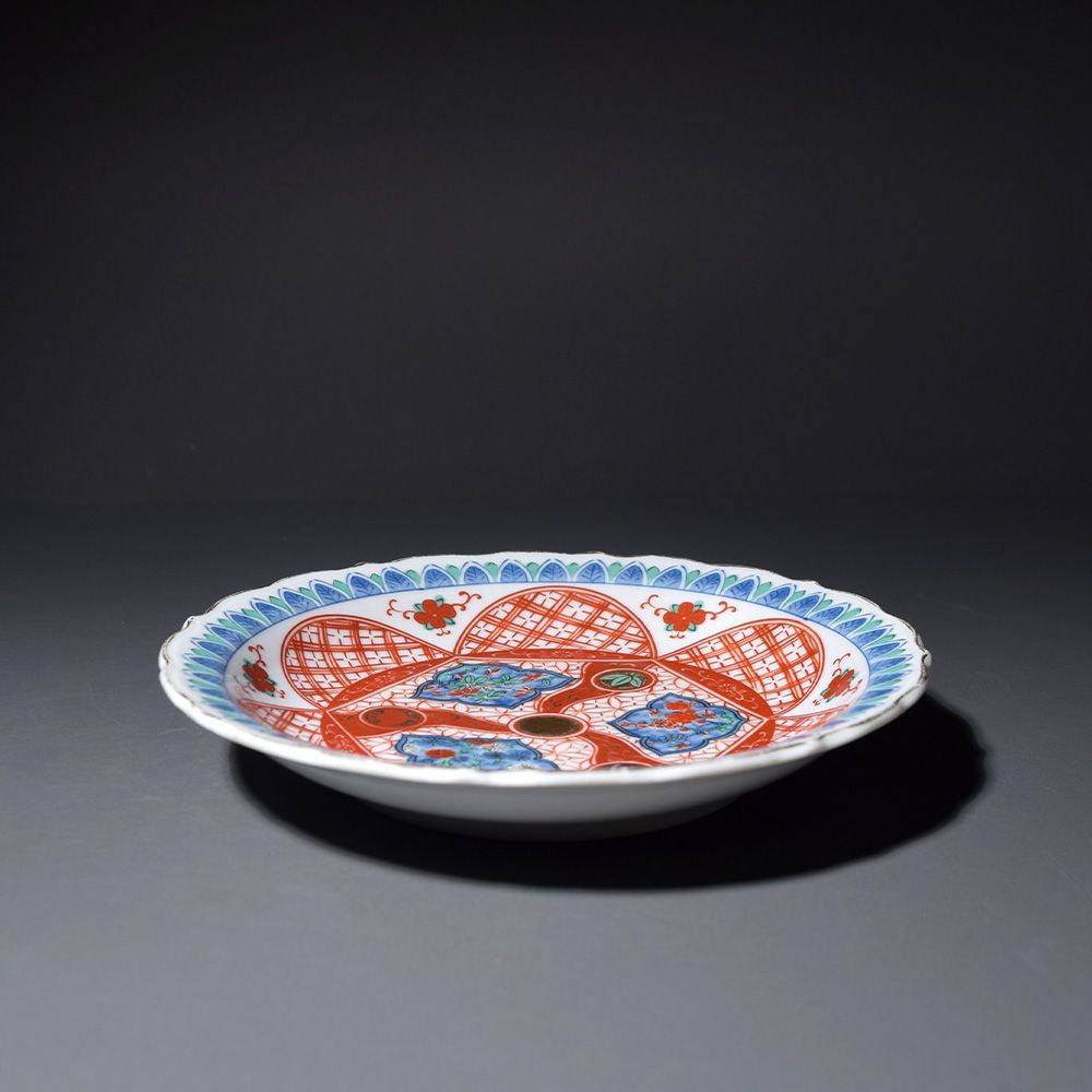 大明成化年製 色絵染付皿 金襴朱彩 輪花 5枚セット 中皿 深皿 皿