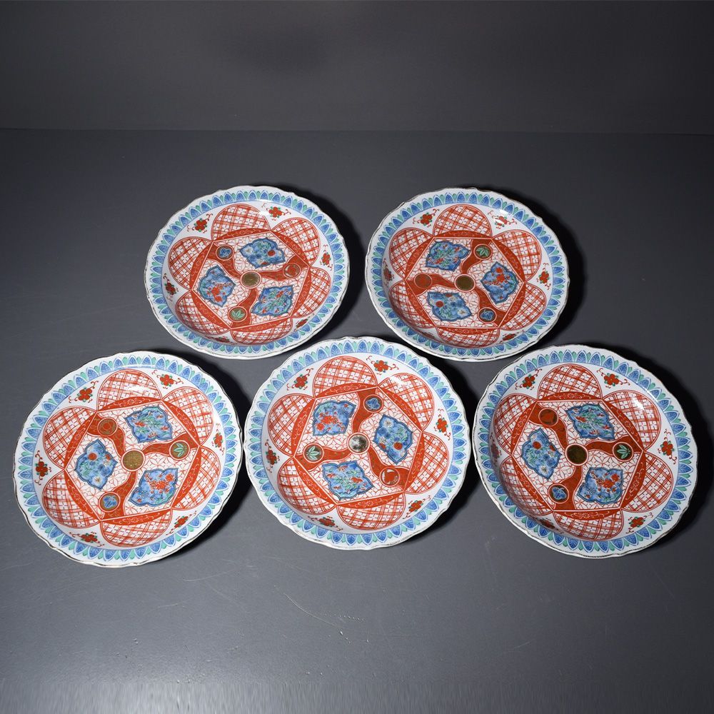 大明成化年製 色絵染付皿 金襴朱彩 輪花 5枚セット 中皿 深皿 皿