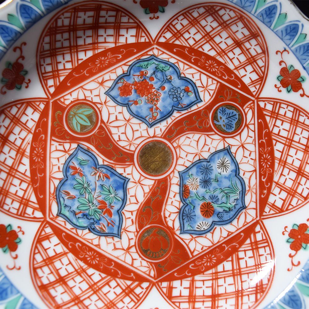 大明成化年製 色絵染付皿 金襴朱彩 輪花 5枚セット 中皿 深皿 皿