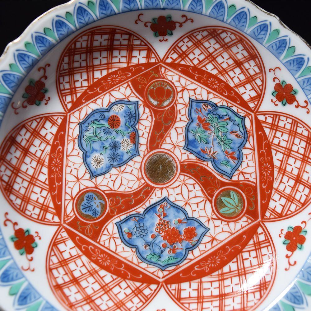 大明成化年製 色絵染付皿 金襴朱彩 輪花 5枚セット 中皿 深皿 皿