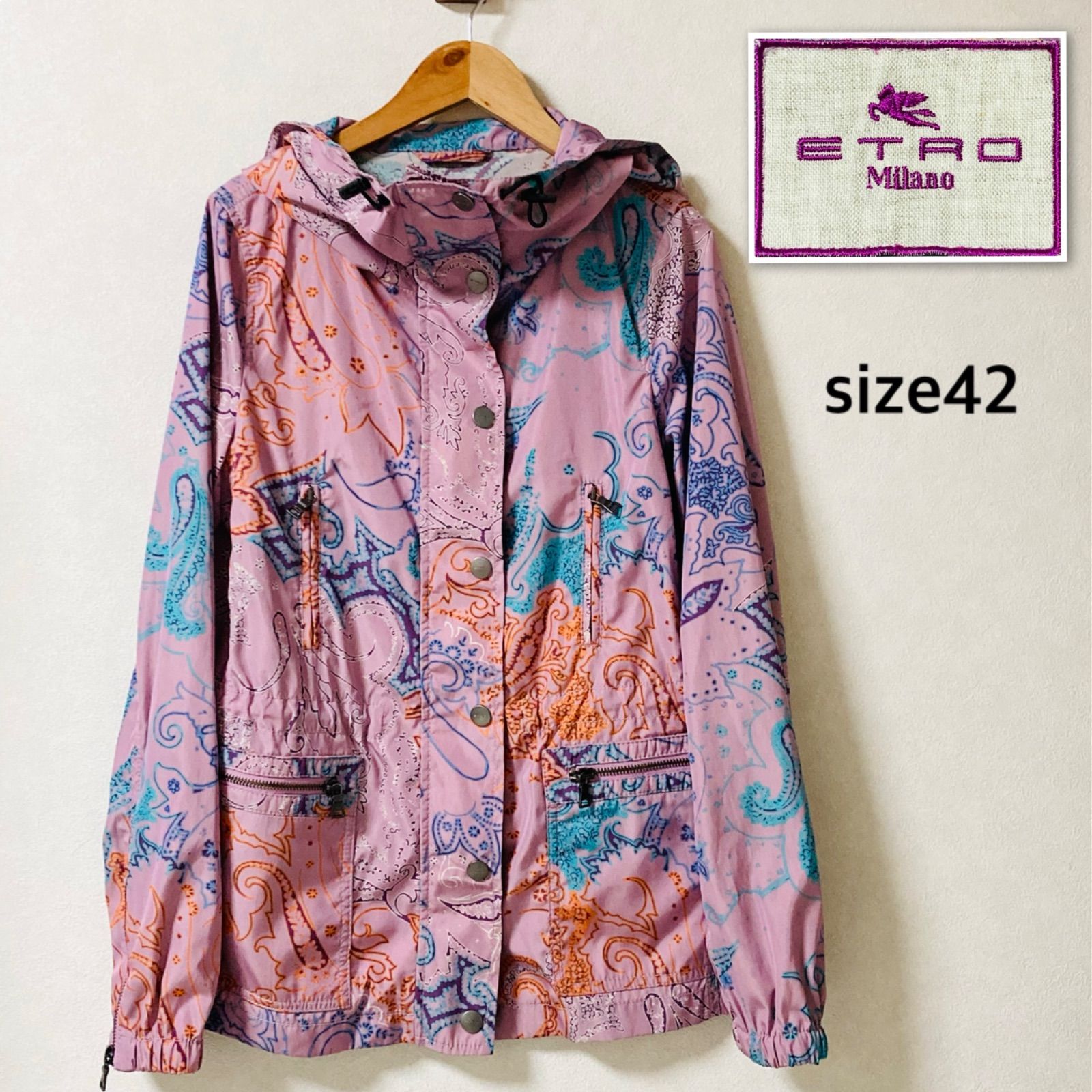 ETRO エトロ ペイズリー総柄 ジップアップジャケット モッズコート風スタンドカラー size 42 M〜細身L イタリア製 ピンク×マルチカラー ドローコード 春秋 フルジップ レディース ラグジュアリー