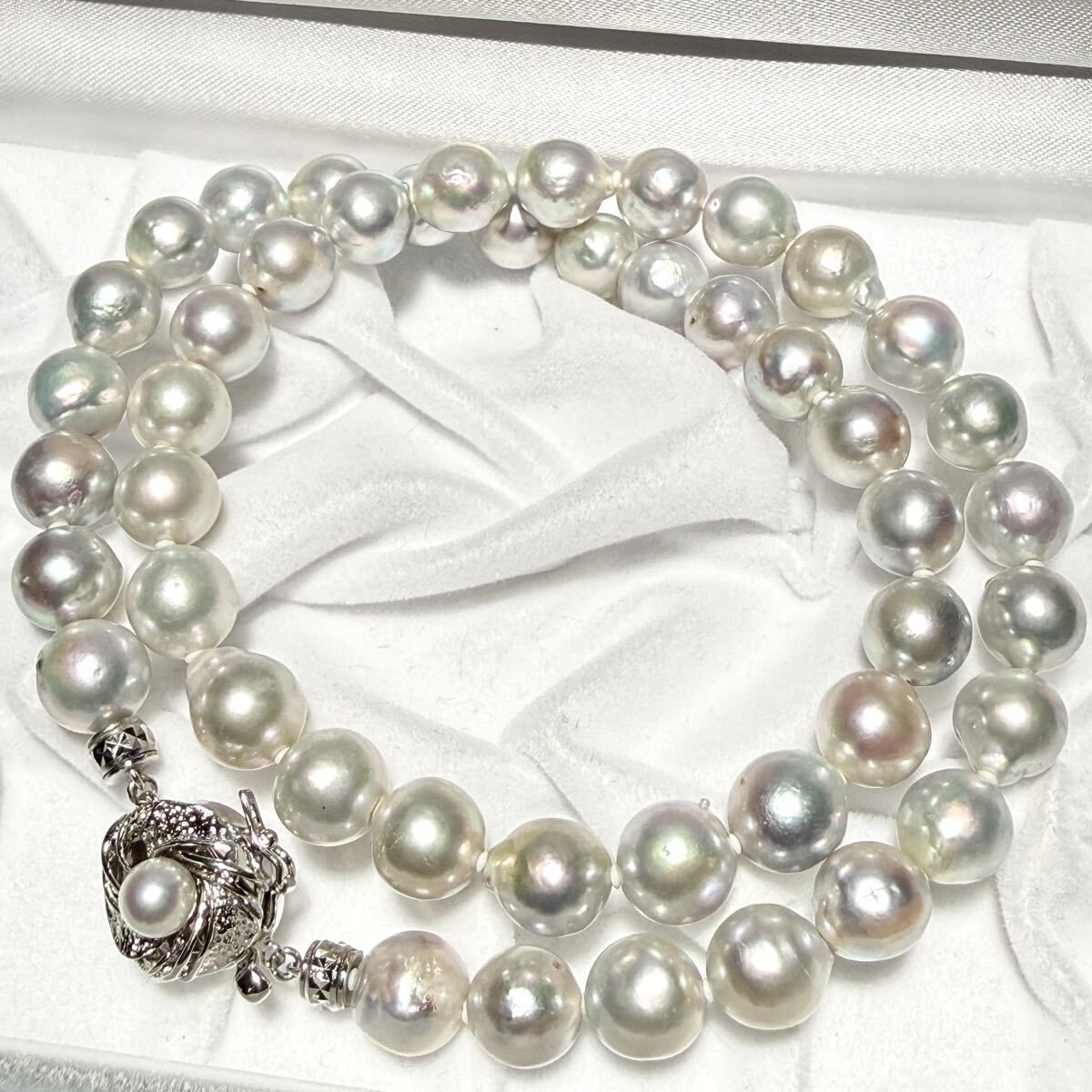 照り◎ アコヤパール ネックレス ブルーグレー ナチュラル 無調色 8.55〜9.56㎜ 48㎝ 53.6 g 本真珠 リアルパール SILVER刻印 SS 055