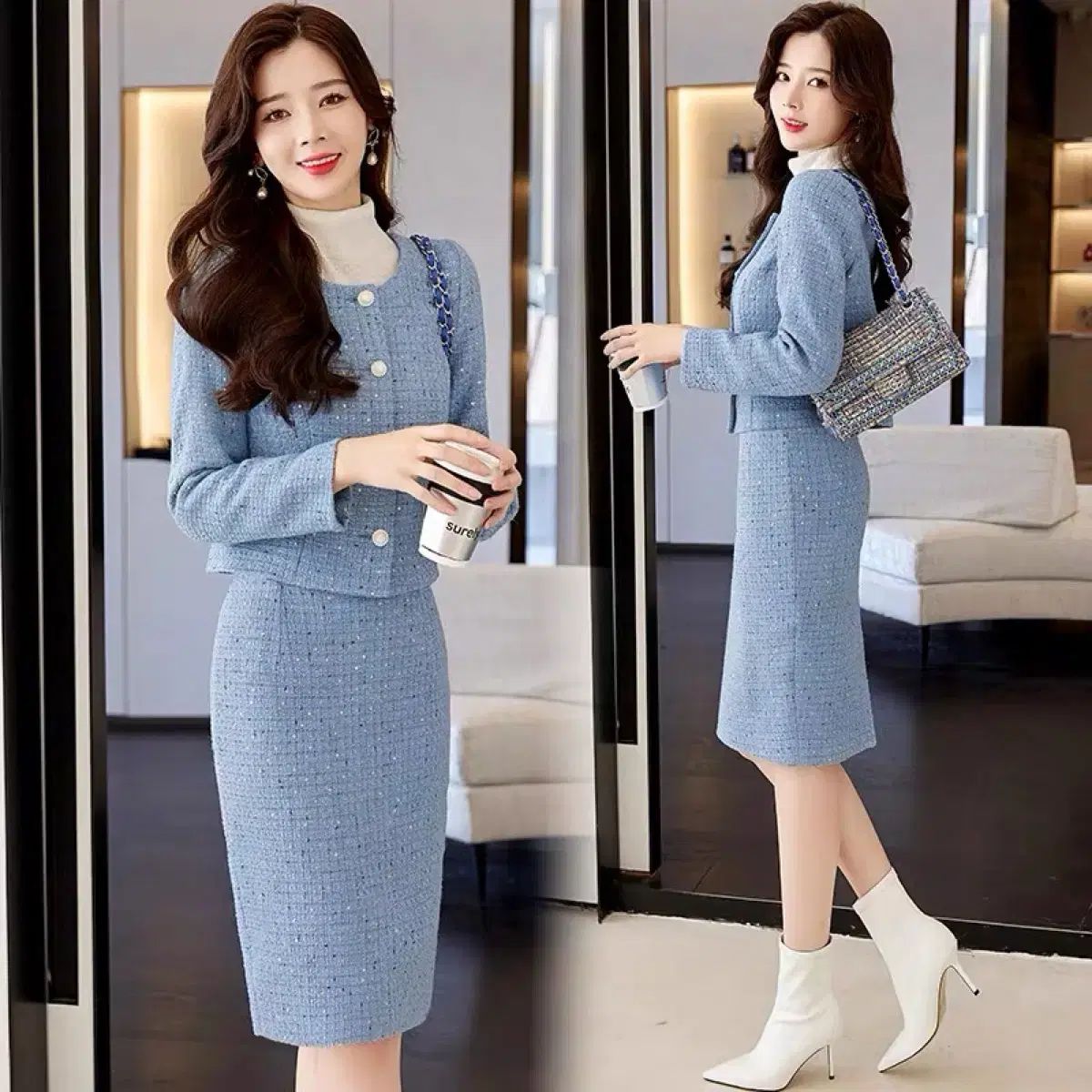 ブルー ツイード セットアップ 冬 ゲストルック スーツ XXL サイズ 77 88