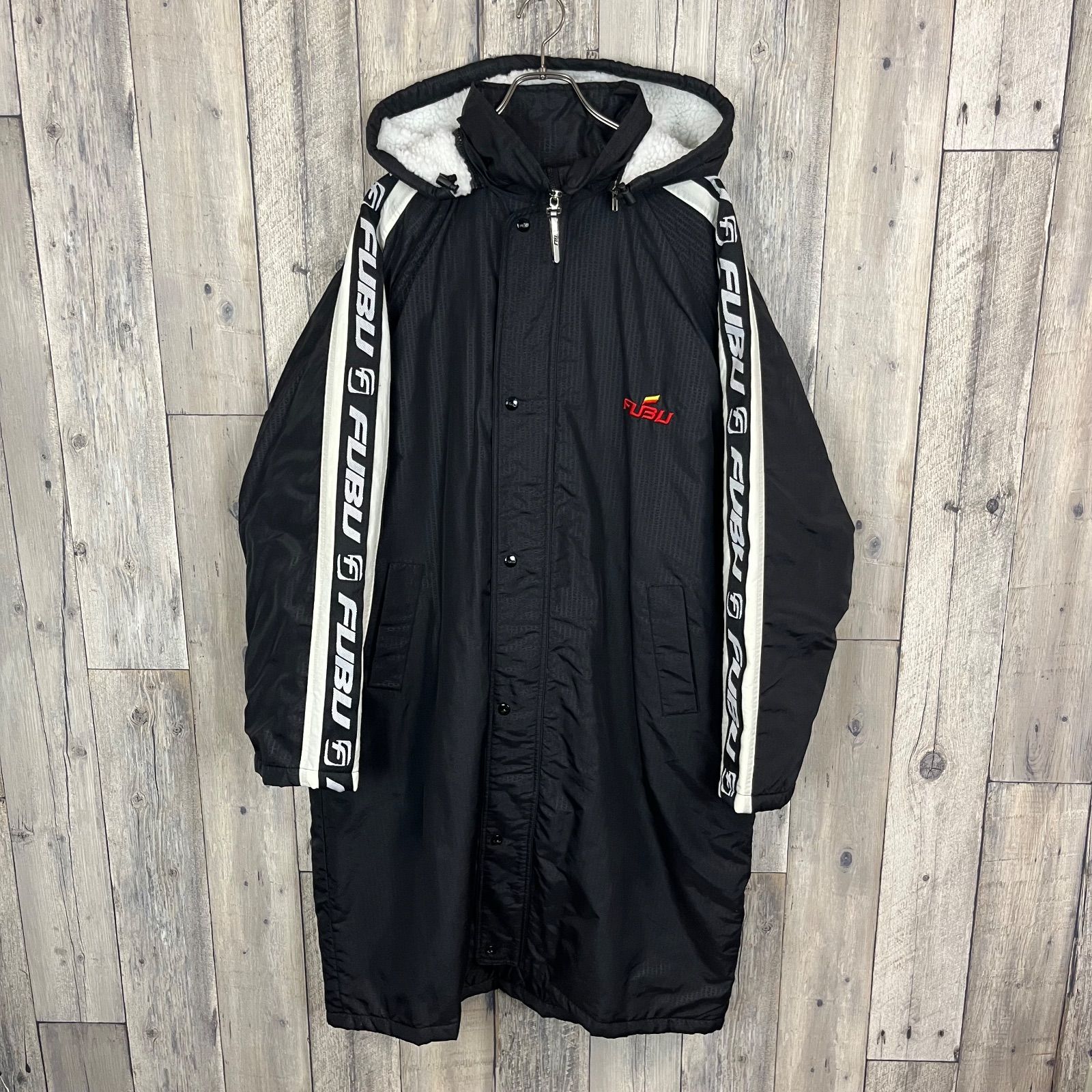 OLD FUBU SPORTS 90 s フブ スポーツ ブラック フード 取り外し 裏ボア ラグラン ベンチコート ロングコート ジャケット メンズ L サイズ