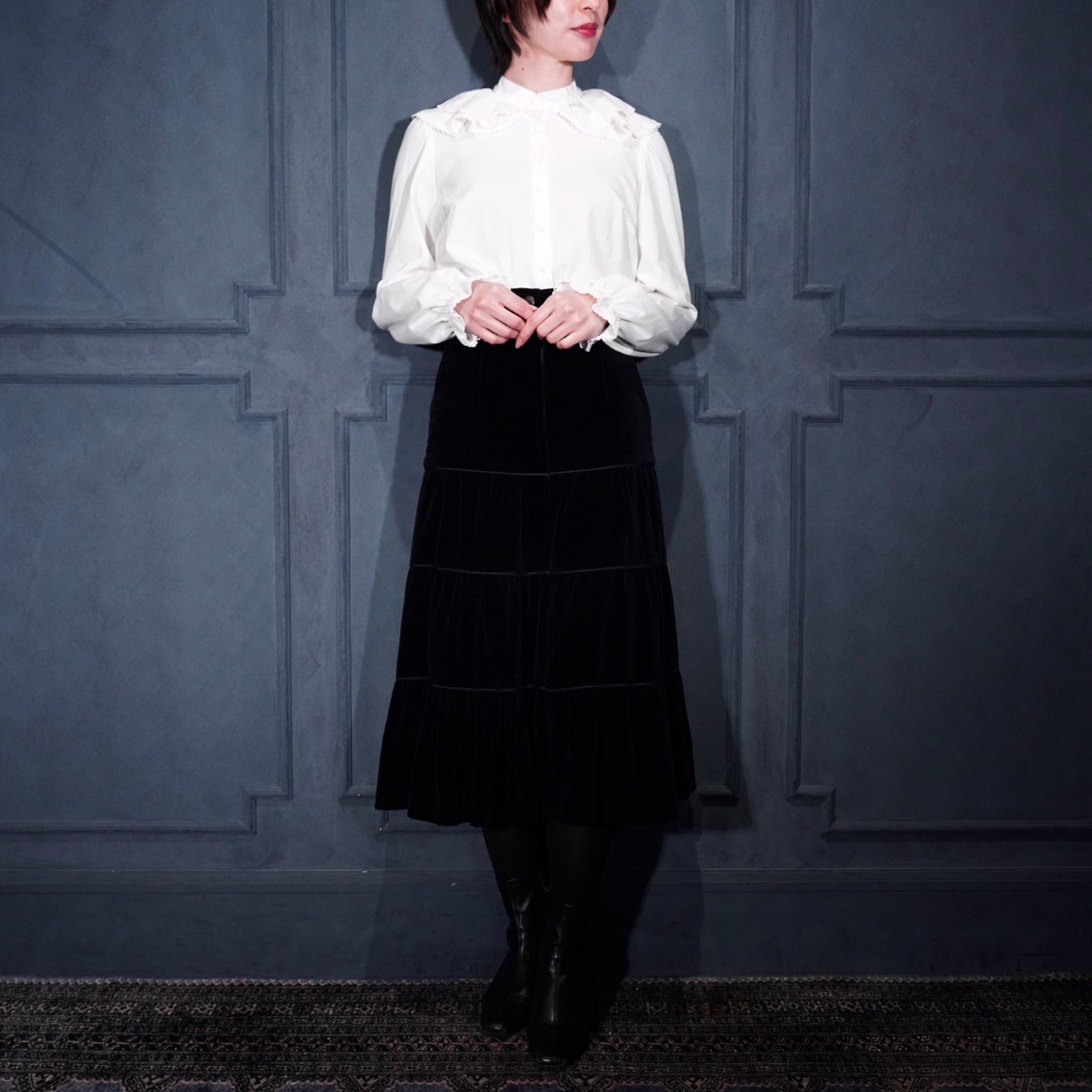 EU VINTAGE Foxy DESIGN VELOUR LONG SKIRT MADE IN ENGLAND|ヨーロッパ古着デザインベロアロングスカート