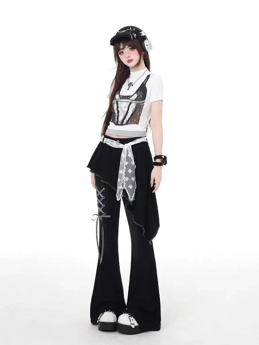 crazy girl リボン結び ブーツカット ブラックデニム サブカルチャー ギャル