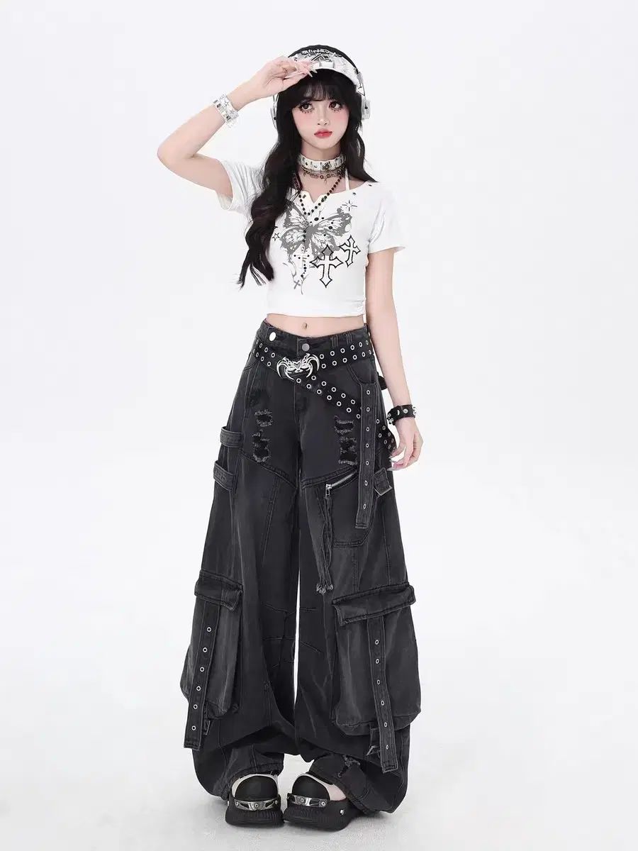 crazy girl カーゴ ワイド デニム ライトブルー ブラックデニム 2種 地雷系 サブカルチャー