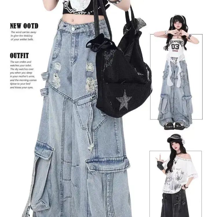 crazy girl カーゴ ワイド デニム ライトブルー ブラックデニム 2種 地雷系 サブカルチャー