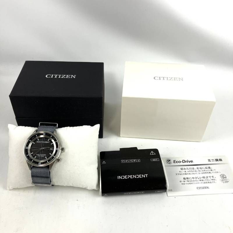稼働品 CITIZEN シチズン 腕時計 インディペンデント アナログ デイト グレー文字盤 電波時計 ソーラー エコドライブ ナイロンベルト グレー ケース付き W 47