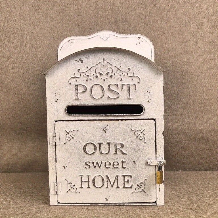 レトロでおしゃれ 壁掛け式メタルメールボックス アンティーク調 郵便ポスト ブラック|ゴールド|ホワイト 玄関|庭|エクステリアを彩る ホワイト