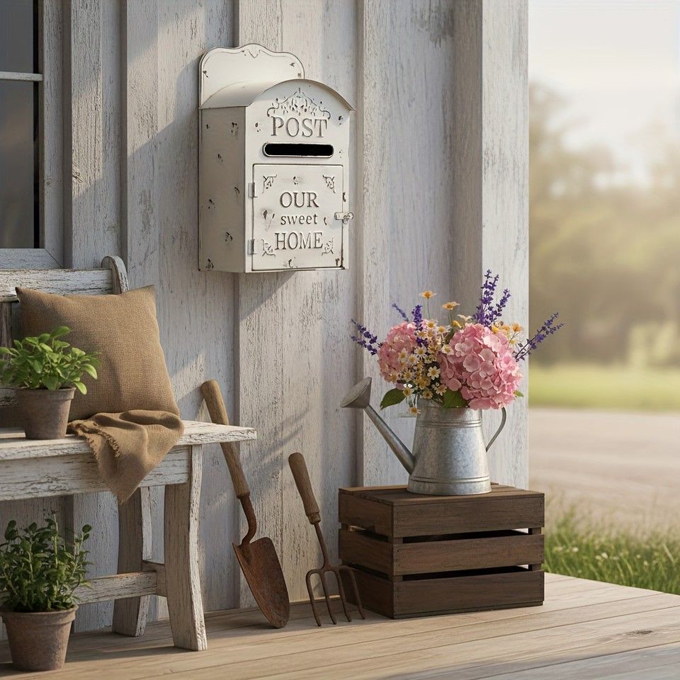 レトロでおしゃれ 壁掛け式メタルメールボックス アンティーク調 郵便ポスト ブラック|ゴールド|ホワイト 玄関|庭|エクステリアを彩る ホワイト