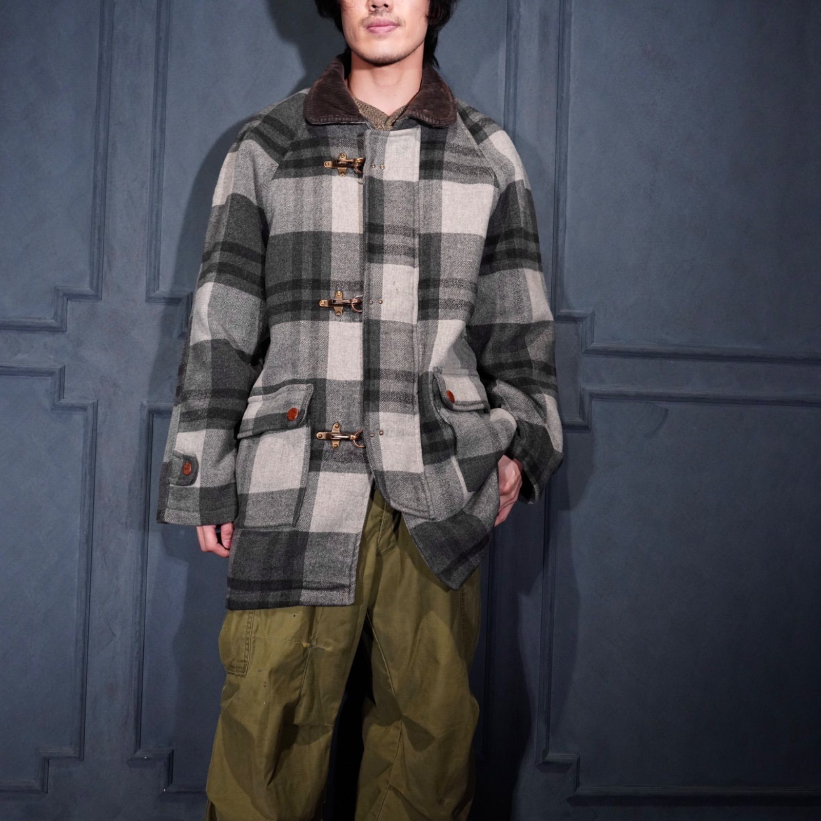 USA VINTAGE CHECK PATTERNED FIREMAN DESIGN WOOL HALF COAT|アメリカ古着チェック柄ファイヤーマンデザインウールハーフコート