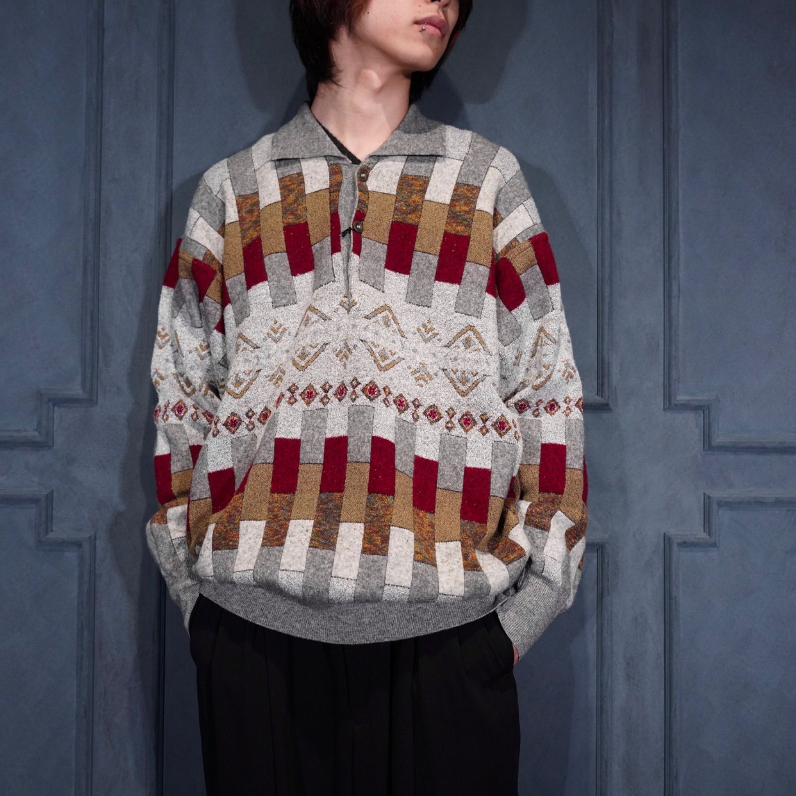 EU VINTAGE Nisa Örme PATTERNED DESIGN PILE KNIT POLO SHIRT MADE IN TURKEY|ヨーロッパ古着柄デザインパイルニットポロシャツ