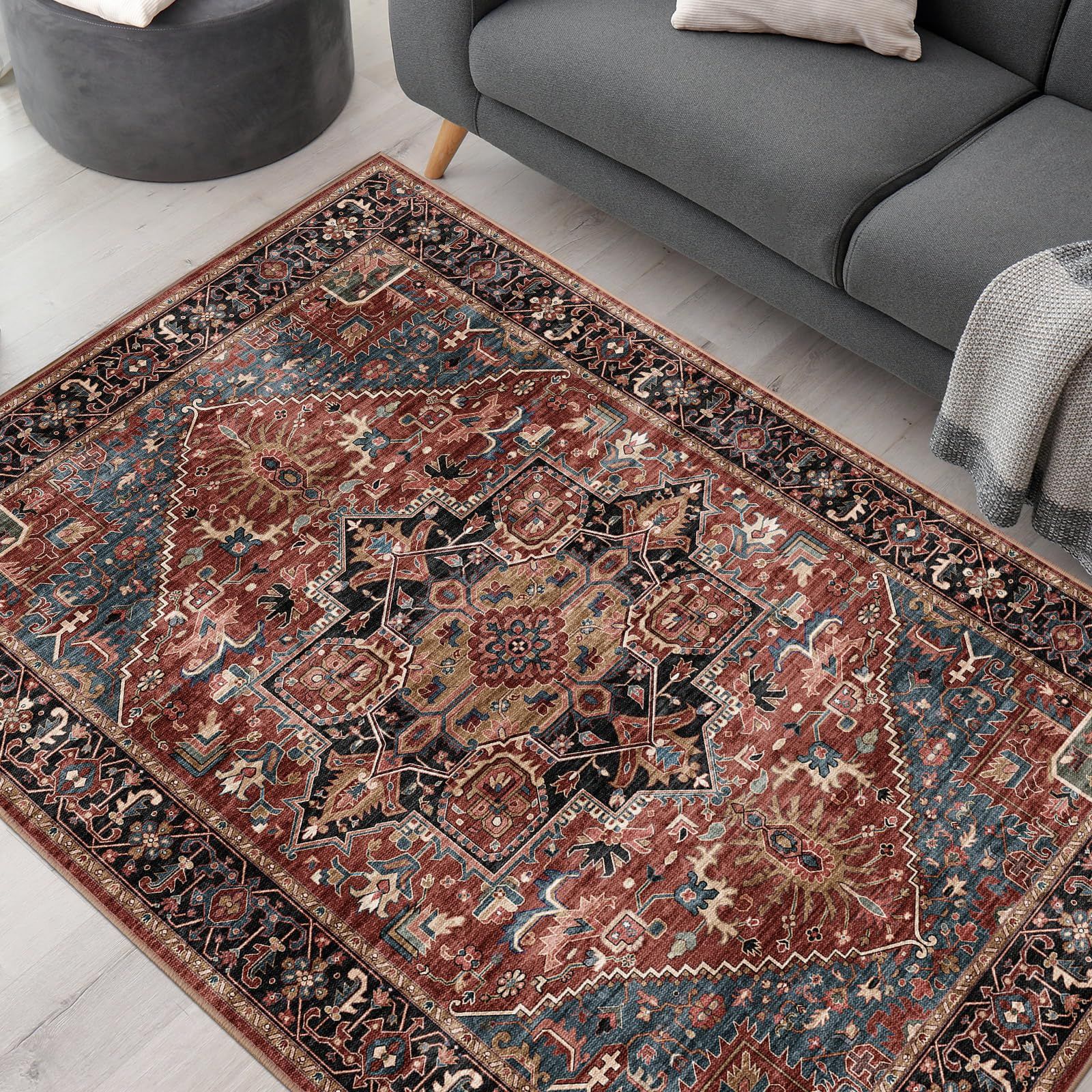 ラグ カーペット マット ペルシャ風絨毯 大判 1.5畳相当 ｜インテリア 北欧 チェアマット 洗える 滑り止め 低反発 防音 床暖房対応｜抗菌防臭 防ダニ｜北欧 幾何学 デザイン｜リビング オフィス オールシーズン適用 レッド