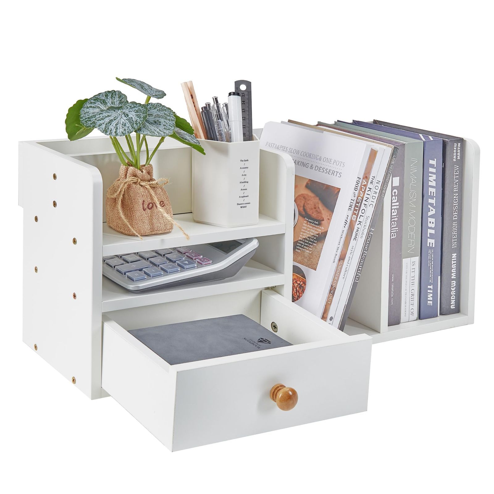 VECELO デスク上置き棚 卓上置棚 机上ラック 引き出し付き 卓上ラック 机の上収納 卓上収納 本立て 小物入れ おしゃれ 卓上棚 大容量 整理整頓 文房具 収納?多機能 組み立て簡単 幅56 x奥行き25 x高さ18.5 cm 約 ホワイト