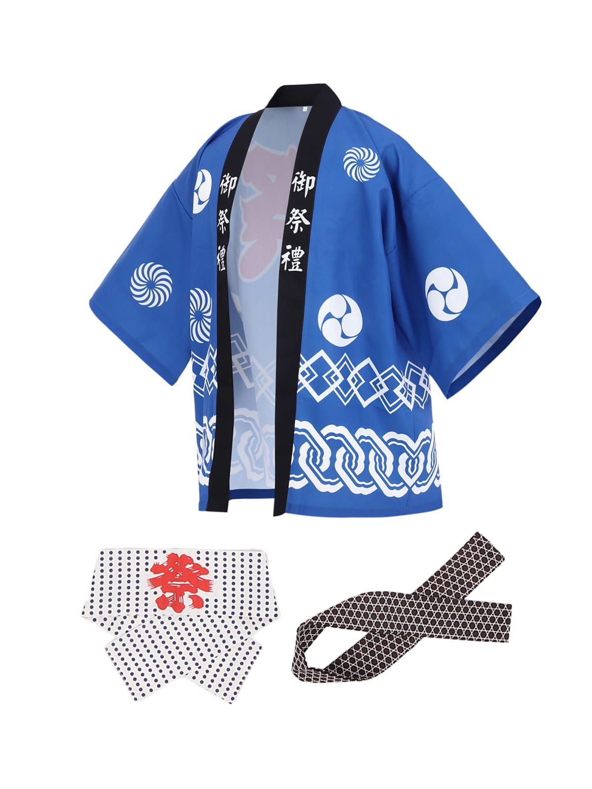 Ｏｋｉｍａ 法被 はっぴ お祭り法被 お祭りハッピ イベント法被 イベント用はっぴ 大人用法被 フリーサイズ 法被手拭腰紐3点セット