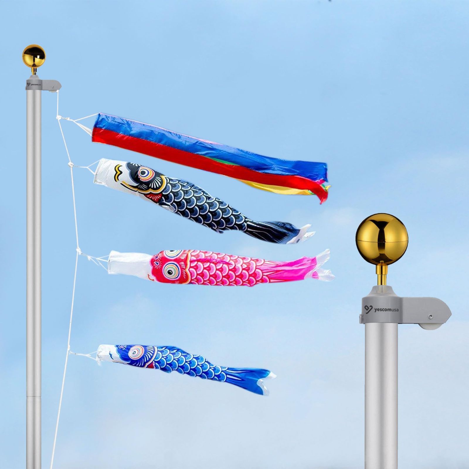 こいのぼりポール 埋め込み式 庭 滑車付き 屋外用 ロープ 鯉のぼり用ポール 壁厚さ1 8 mm 端午の節句 飾り 4 m 5 m鯉用 五月五日 ポール 男の子 鯉のぼり 初節句 こいのぼり 9 ギフト アルミ プレゼント Yescom 鯉のぼりポールと金球