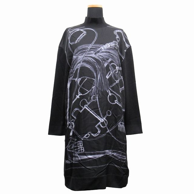 ♥ エルメス HERMES ツイルレーヌ チュニック ワンピース ドレス カットソー 長袖 シルク ニット 切替 ハイネック サイズ38 黒 ブラック レディース 12