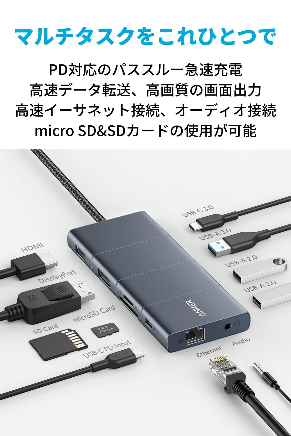 Anker PowerExpand 11-in-1 USB-C ハブ 85 W PD対応 USB-Cポート 4 K対応 HDMIポート DisplayPort データ転送用 USB-Aポート 1 Gbps イーサネットポート 3.5 mm オーディオジャック