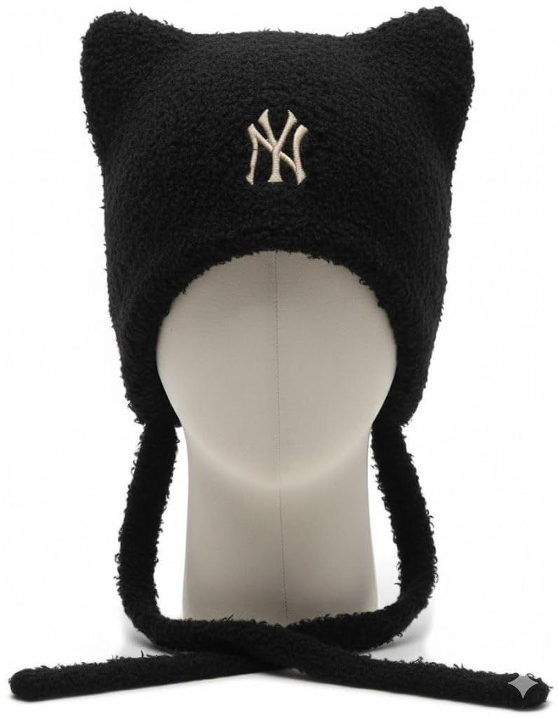 MLB Korea ニューヨークヤンキース 韓国 エスパ カリナ 愛用 キャップ ニット 猫耳 ミャオン ビーニー 紐付き 黒 ブラック