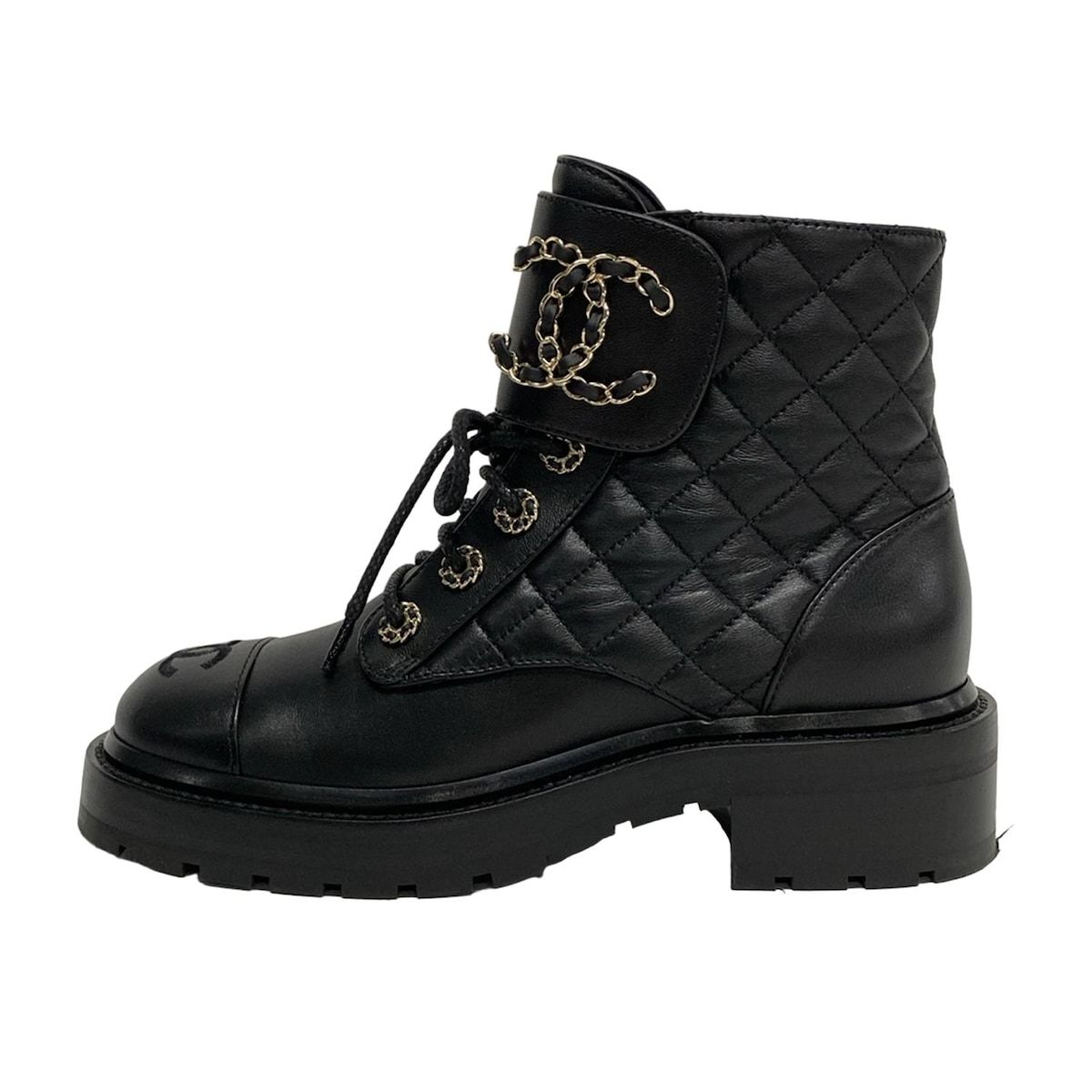CHANEL シャネル ショートブーツ 36 C レディース - G 36424 黒 キルティング|レースアップ|ゴールド金具 ラムスキン