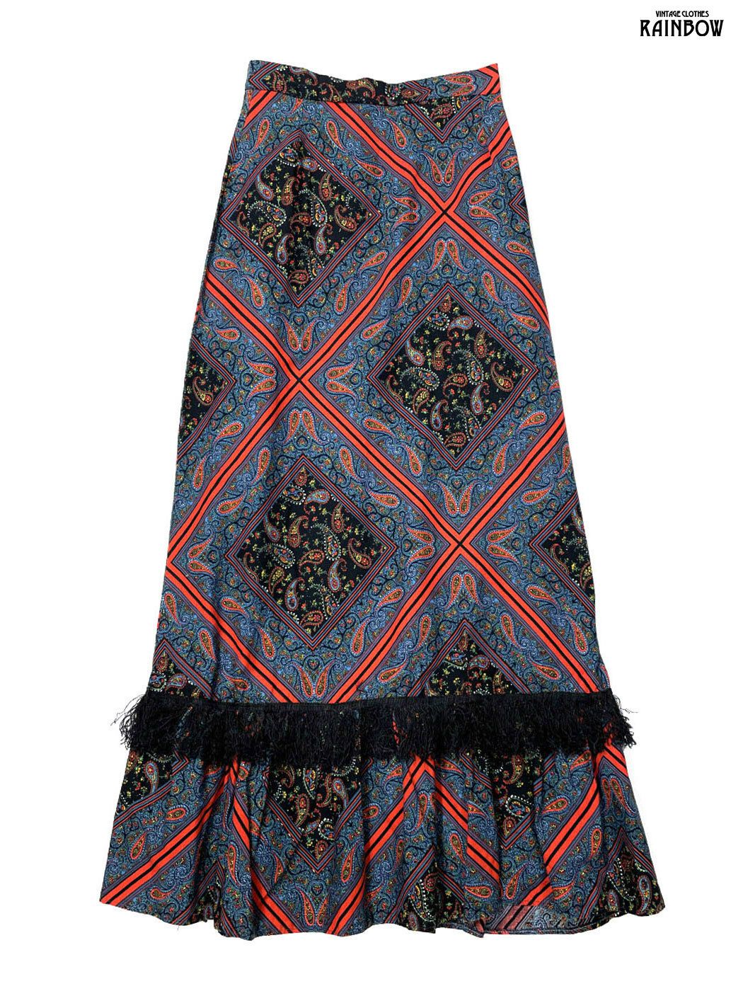古着 C-A フリンジ 総柄 ペイズリー柄 コットン100％ ロング丈 スカート 紫 紺 btu 2512041