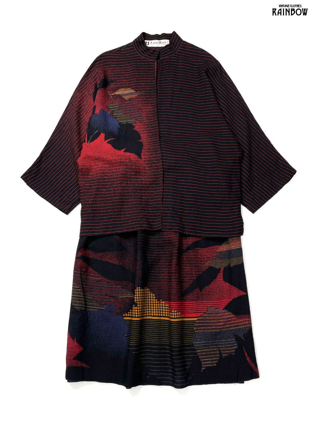 古着 Luis Mari ルイマリ フランス製 ボーダー柄 総柄 ウール 膝丈 長袖 セットアップ 黒 otu 2512020