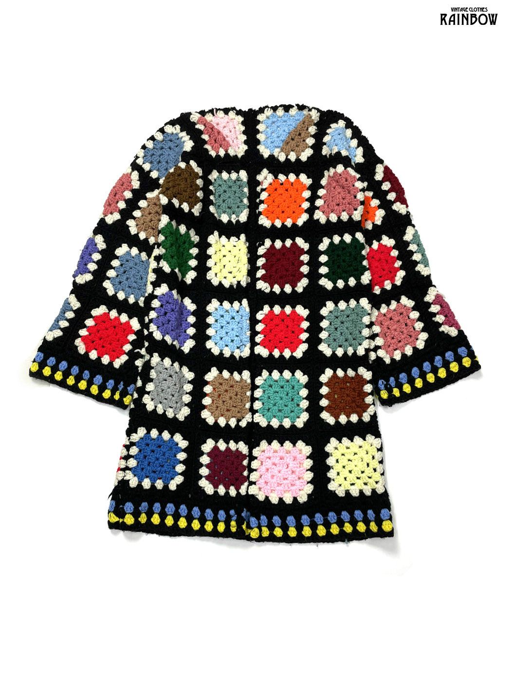 古着 カギ編み 総柄 長袖 ニット アウター 黒 カラフル ttu 2511092