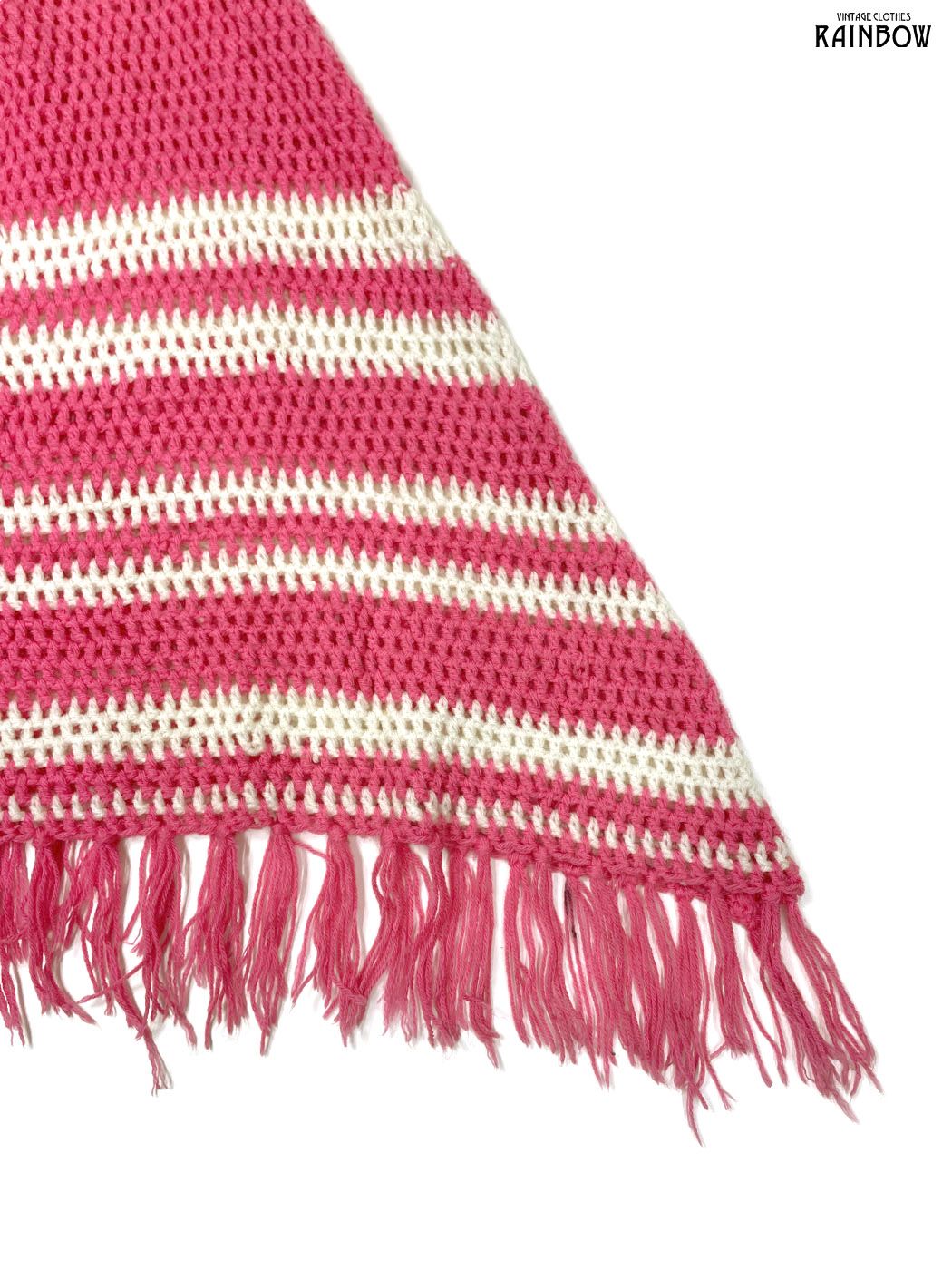 古着 フリンジ ボーダー柄 長袖 アウター ニット ポンチョ 羽織り 白