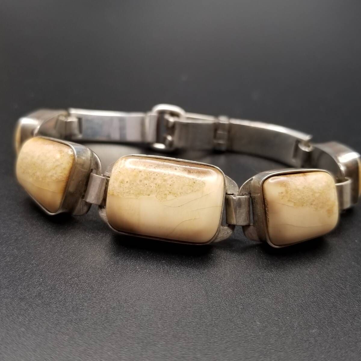 ジャスパー ベージュ石 台形|長方形 925 シルバー ヴィンテージ ブレスレット 銀 自然派 淡い色合い シンプルな存在感 R 14-J