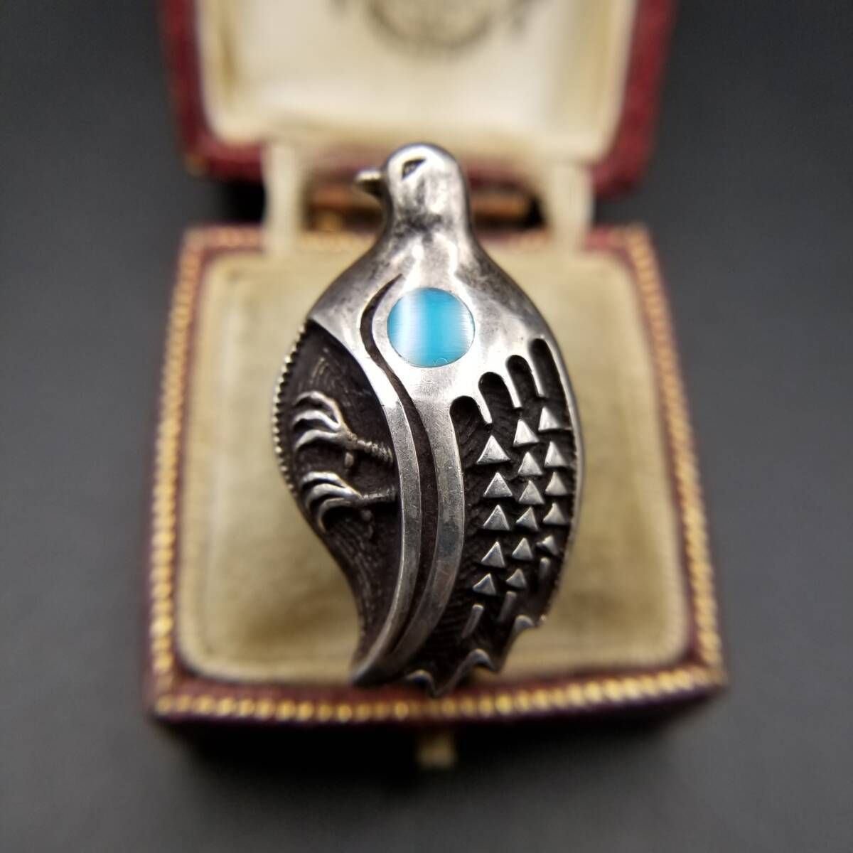 ウズラ 鳥モチーフ 立体 ヴィンテージ シルバー リング 銀細工 指輪 ターコイズブルー インレイ サウスウェスタンジュエリー R 14-N