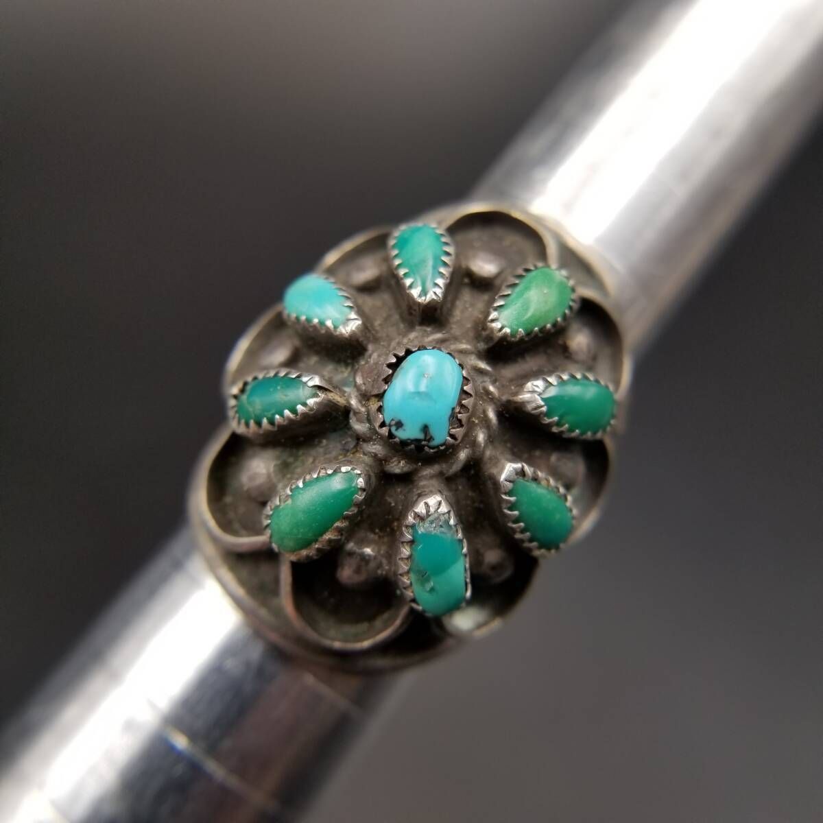メキシカンデザイン ターコイズ シルバー製 ヴィンテージ フラワー リング 指輪 大ぶり ステートメントジュエリー シールド R 14-A
