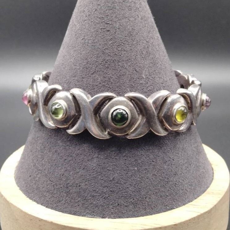 マルチカラー ガラス カボション X字チェーン 925 シルバー ヴィンテージ ブレスレット 銀レトロジュエリー 存在感 ピンク 黄色 緑 R 10-G