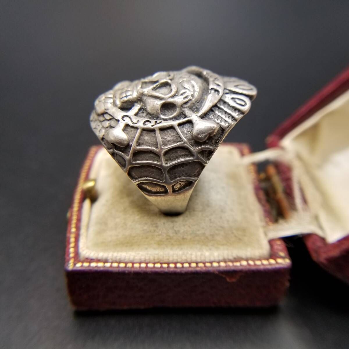 スカル 蜘蛛の巣モチーフ ハートの目 925 シルバー ヴィンテージ リング 銀細工 指輪 メンズジュエリー バイカー ロック 重厚感 R 14-A