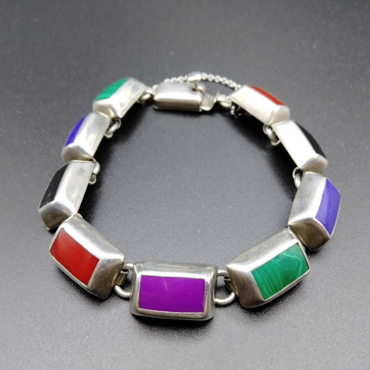 メキシコ 925 シルバー マルチカラー インレイ チェーン リンク ビンテージ ブレスレット 27 g 銀 マラカイト オニキス カーネリアン R 8-H