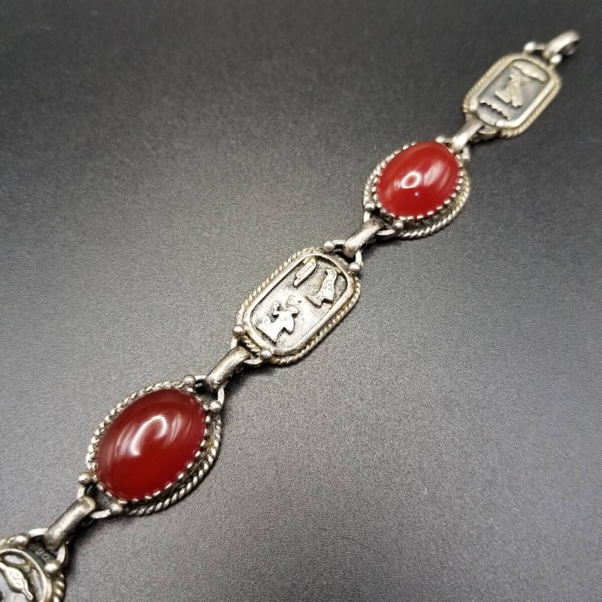 大粒 カーネリアン カボション ヒエログリフ パネルチェーン 925 シルバー ヴィンテージ ブレスレット 銀 古代エジプト モチーフ R 14-G