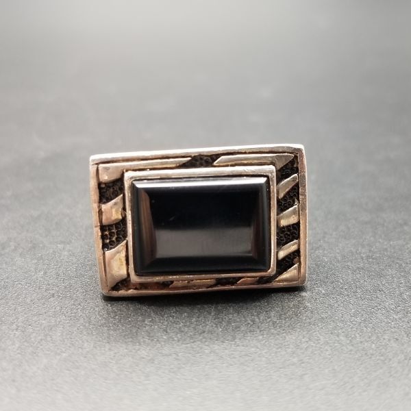 オニキスレクタングルカット 925シルバー ヴィンテージ シグネット リング 銀 指輪 アールデコ装飾 ウェーブ ヘビー メンズジュエリー R 8-C