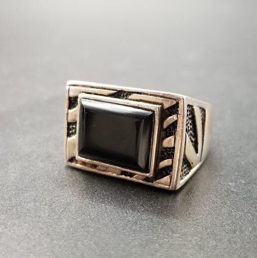 オニキスレクタングルカット 925シルバー ヴィンテージ シグネット リング 銀 指輪 アールデコ装飾 ウェーブ ヘビー メンズジュエリー R 8-C
