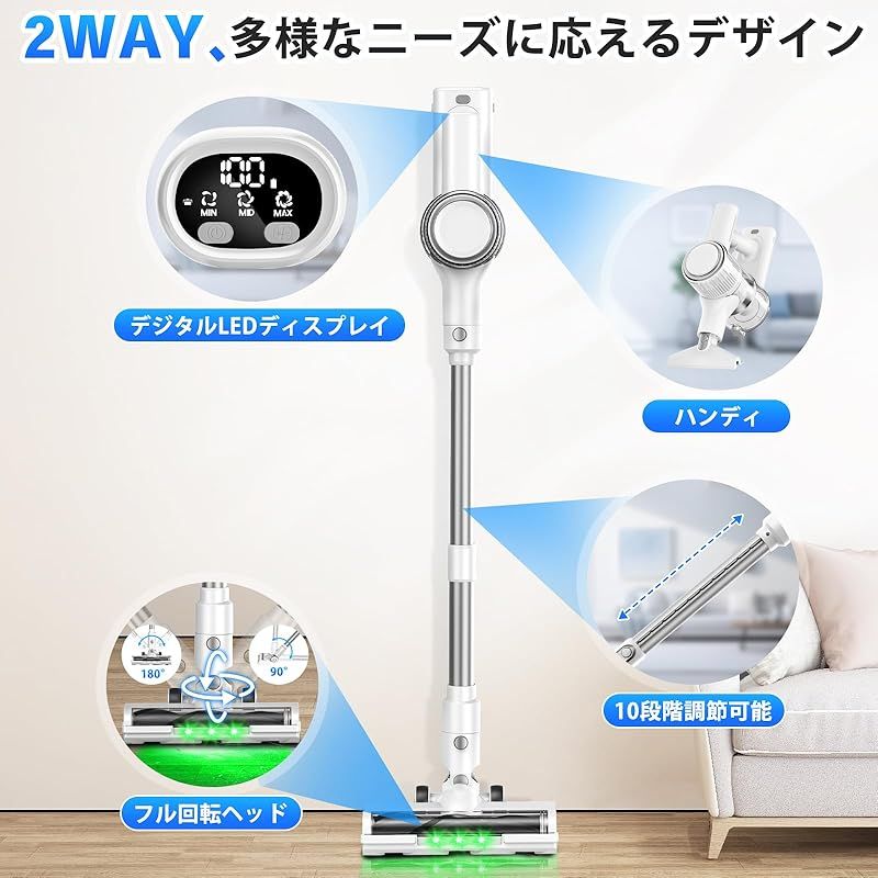 掃除機 コードレス【8月新登場！業界革新！50Kpa超強力吸引＆60分連続